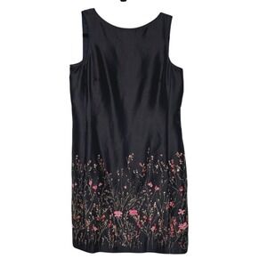 Ann Taylor Silk Shift Dress Womens 4P Black Pink Floral Embroidered Sleeveless